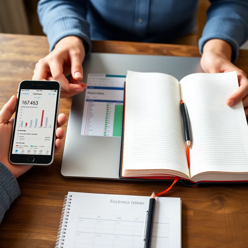 Verschillende methoden voor het bijhouden van uitgaven: smartphone met app, laptop met spreadsheet en traditioneel kasboek
