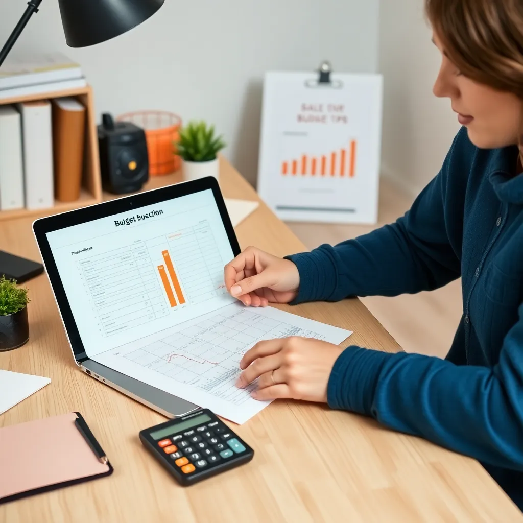Persoon die een budgetplan maakt aan een bureau met laptop en rekenmachine