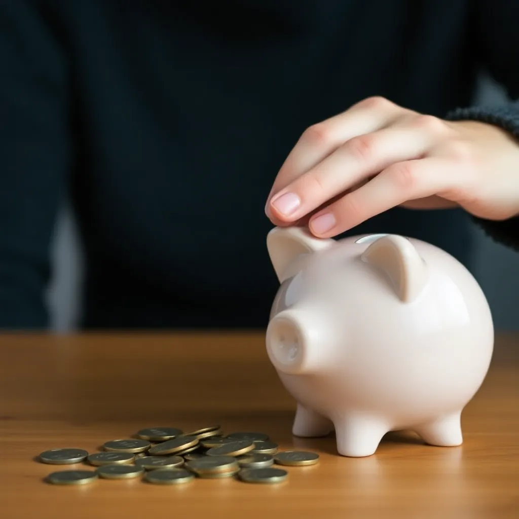 Persoon die geld spaart door munten in een spaarpot te stoppen