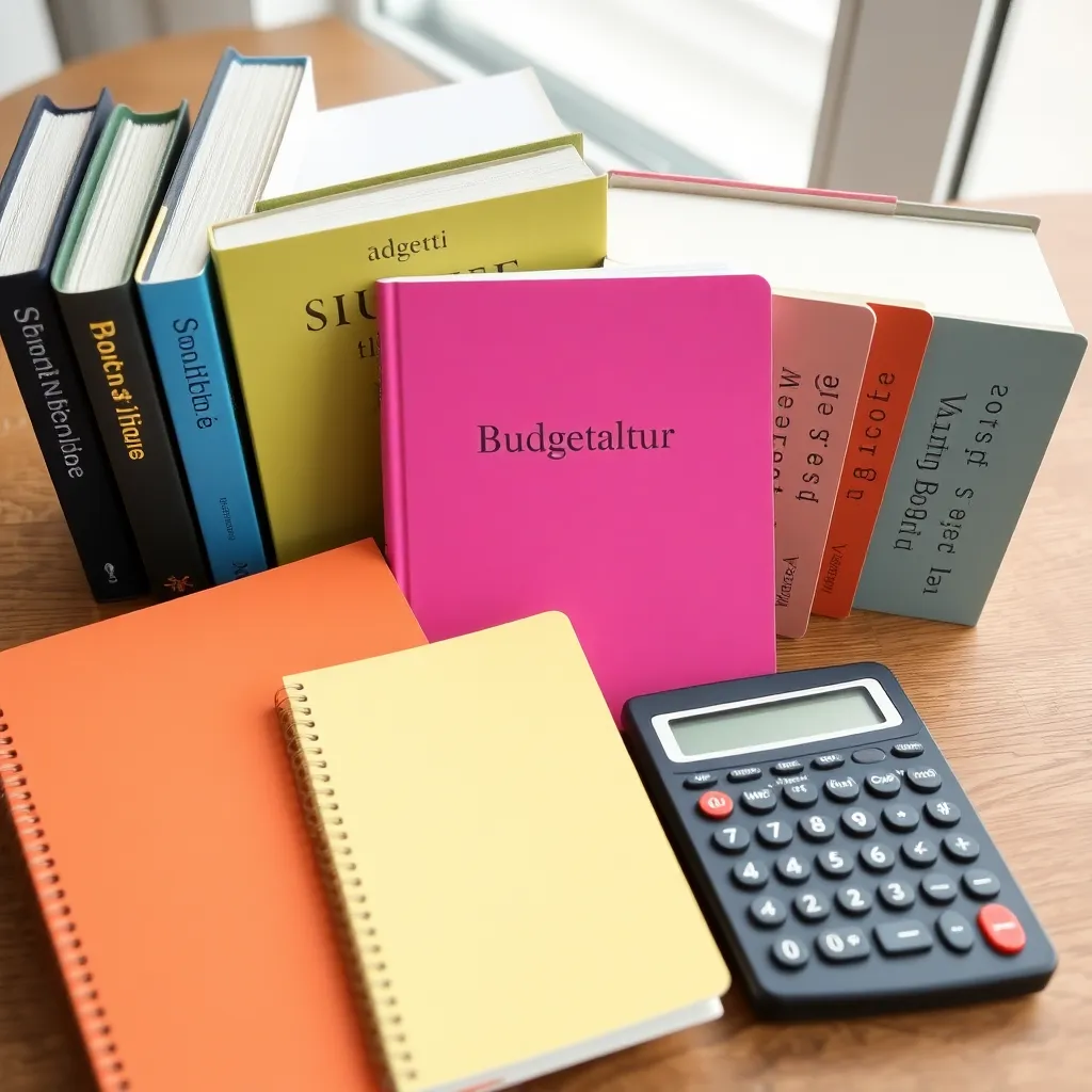 Verschillende hulpmiddelen voor budgettering zoals boeken, notitieblok en calculator